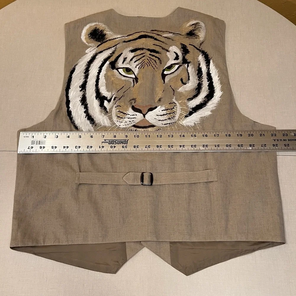 Vtg Natural Rythms Safari Linen Vest Waist Coat L Hand Painted Tiger Pockets Art